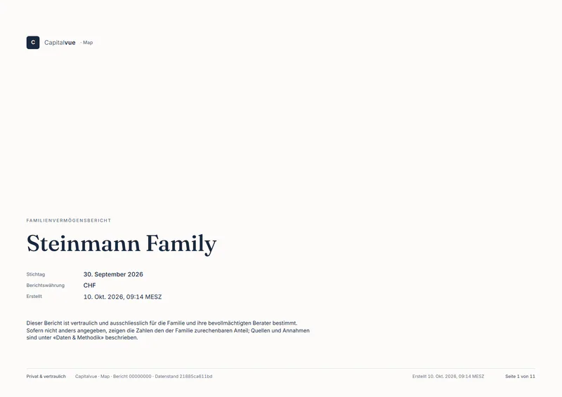 Titelseite des Familienvermögensberichts der Steinmann Family, Stichtag 30. September 2026.