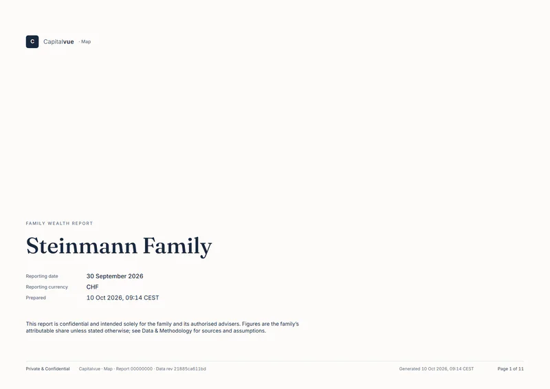 Family Wealth Report cover for the Steinmann Family, reporting date 30 September 2026.